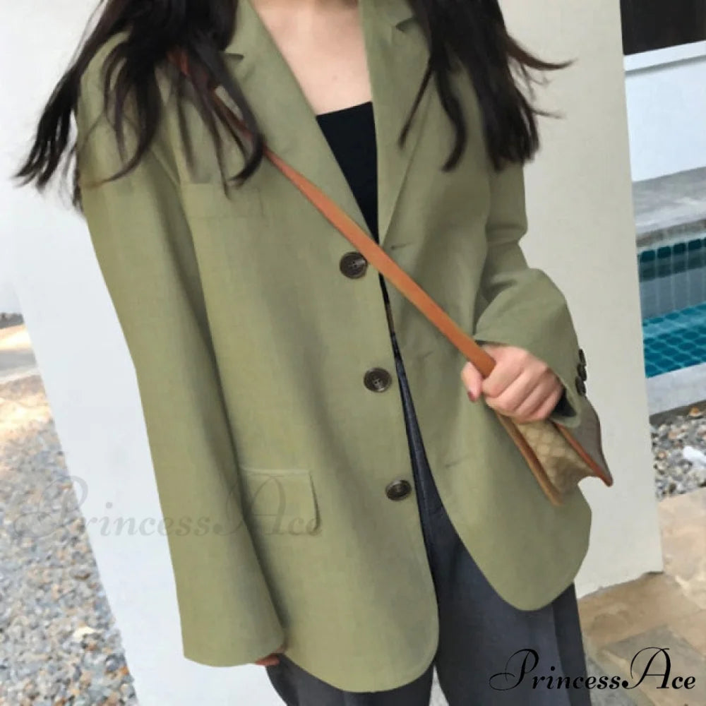 Casual Grey Solid Colors Single Breasted Blazer Green / XS