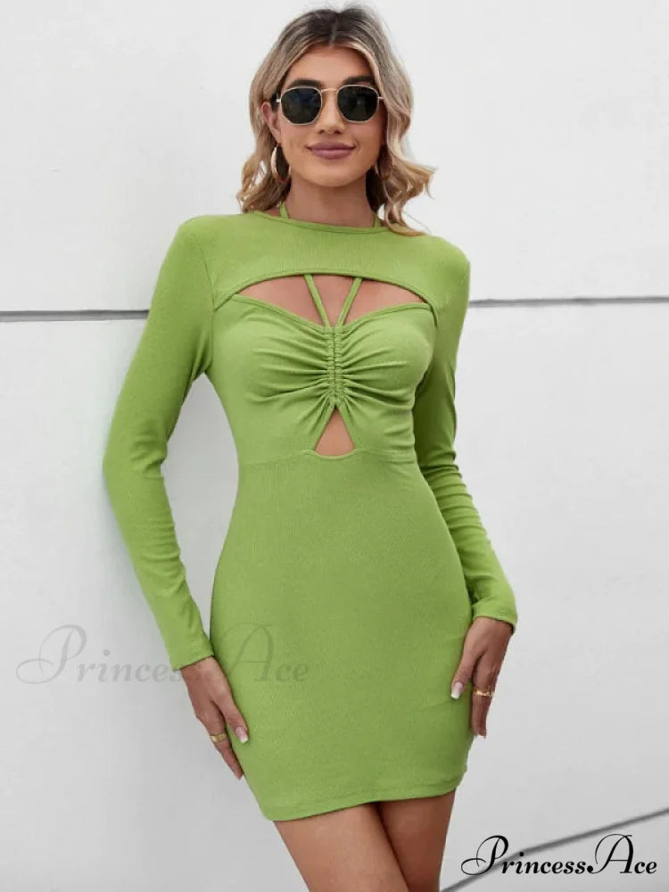 CASUAL HALTER HOLLOW SHORT SLEEVE DRESS S / green
