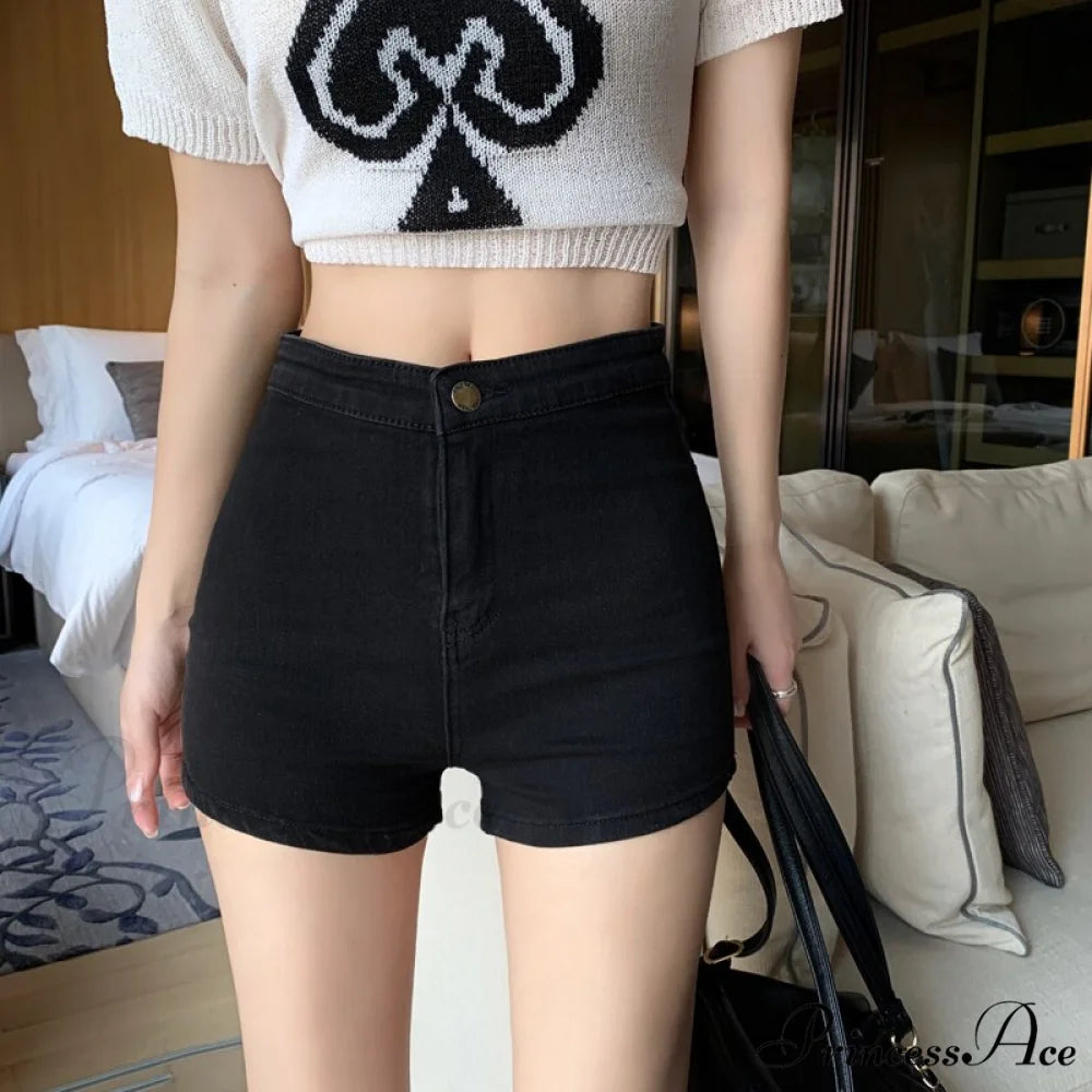 Casual High Skinny Women’s Waisted Black Fashion Jeans Korean Shorts 2024 Straight Black / S