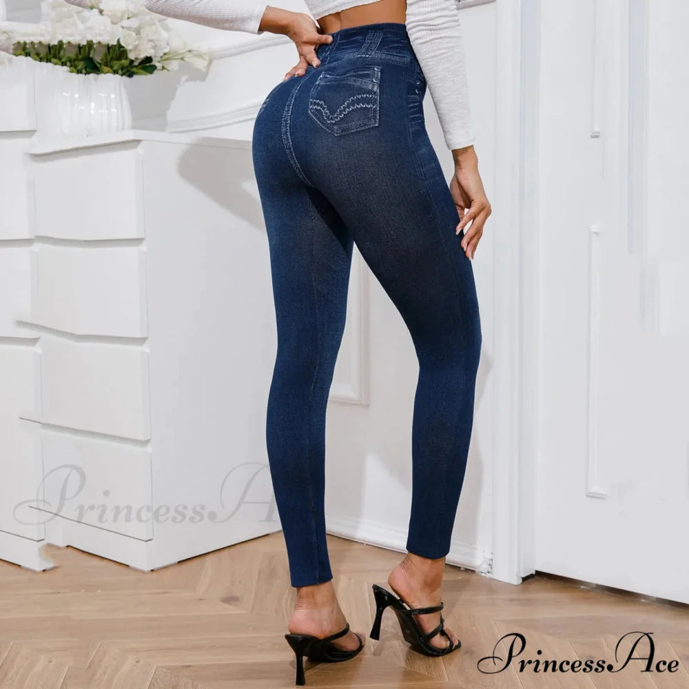 Casual High Stretch Ripped Print Leggings Jeans Blue / One Size
