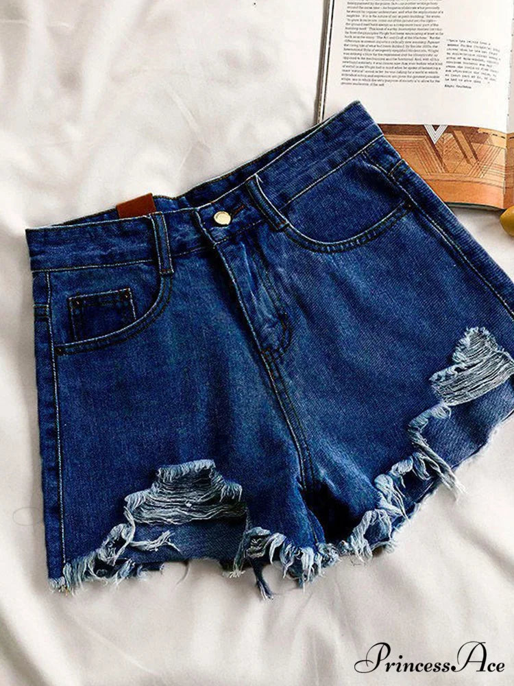 Casual High Waist Denim Shorts Dark Blue / S 42kg- 47kg