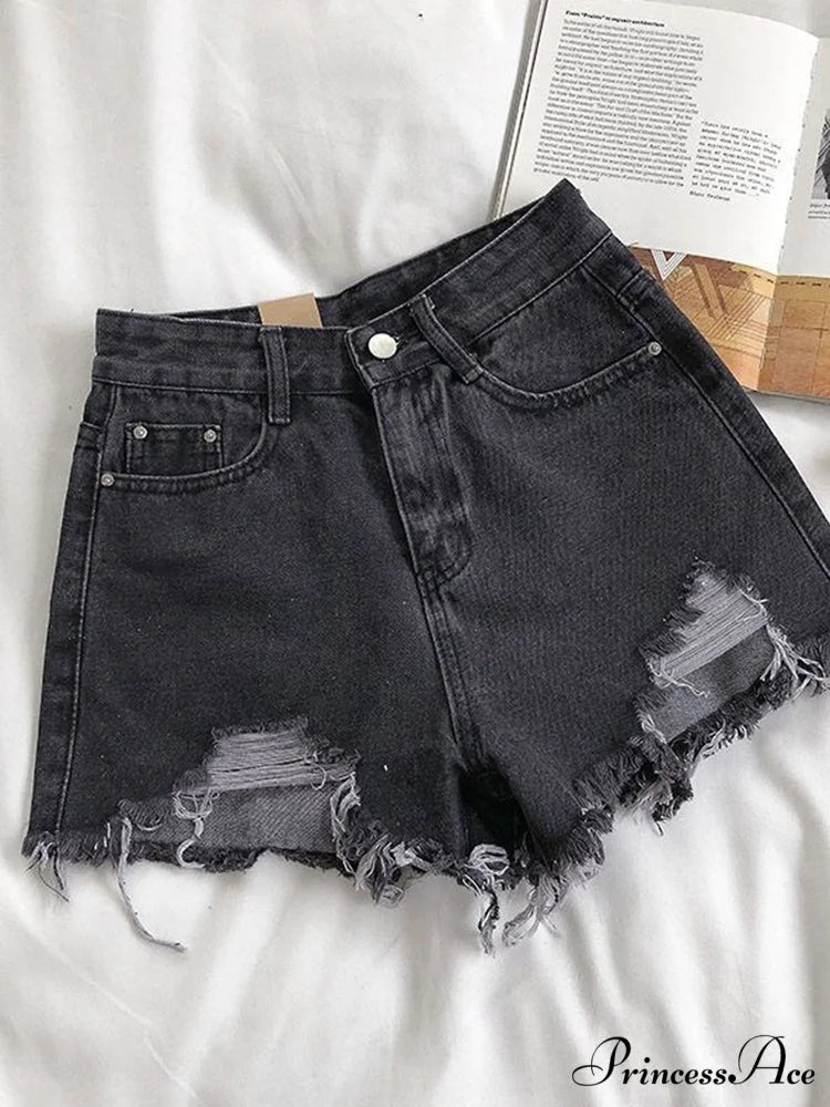 Casual High Waist Denim Shorts Dark gray / S 42kg- 47kg