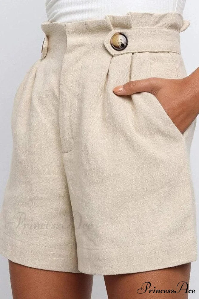 Casual High Waist Loose Cotton Hemp Shorts Beige / S