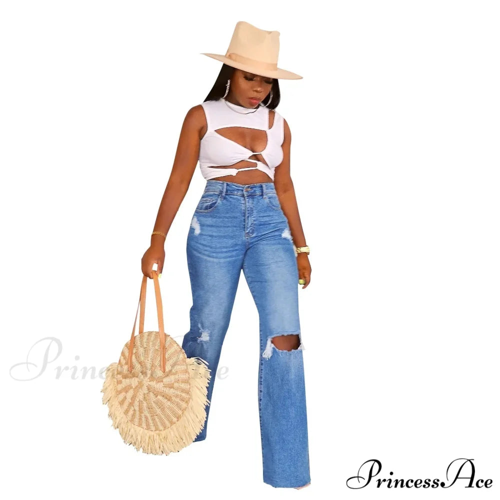 Casual High Waist Wide Leg Pants Loose Fashion Women’s Street Ripped Plus Size Mom Denim Trousers 2024 Ladies Pants Jean