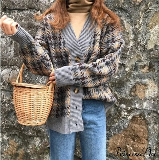 Casual Knitted Cardigan Oversize Button Front Contrast Stripe Cardigan 2 / One Size