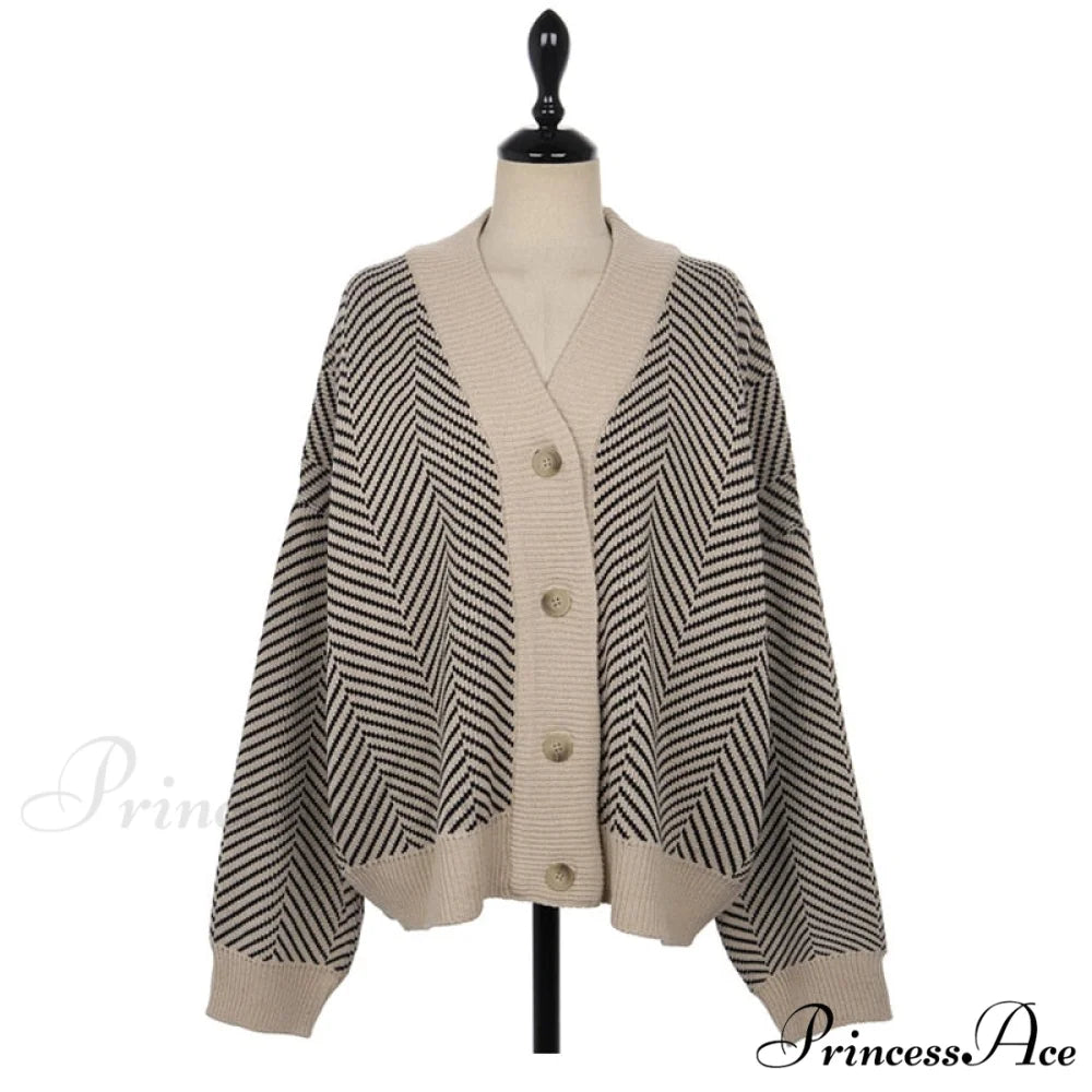 Casual Knitted Cardigan Oversize Button Front Contrast Stripe Cardigan as photo / One Size