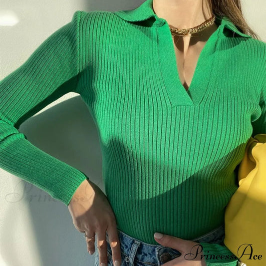 Casual Knitted V Neck Long Sleeve Slim Fit Sweater