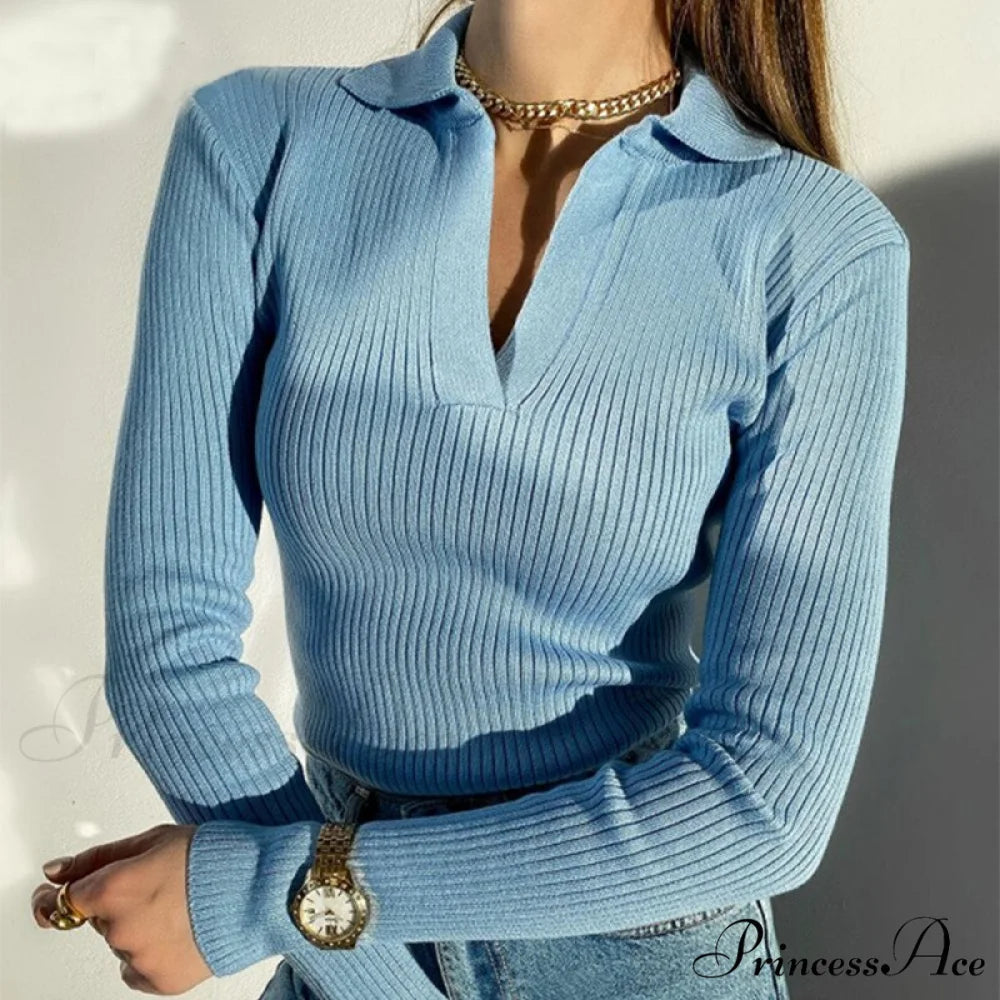 Casual Knitted V Neck Long Sleeve Slim Fit Sweater Blue / S