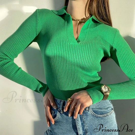 Casual Knitted V Neck Long Sleeve Slim Fit Sweater Green / S