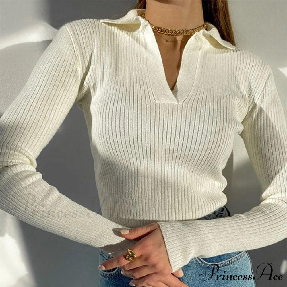 Casual Knitted V Neck Long Sleeve Slim Fit Sweater White / S