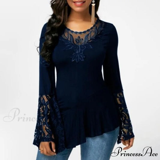 Casual Lace Plus Irregular for Women Long-sleeved Stitching with T-shirt Size Navy / S