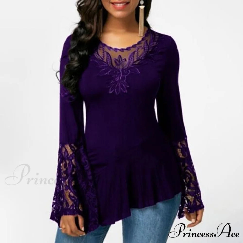 Casual Lace Plus Irregular for Women Long-sleeved Stitching with T-shirt Size Purple / S