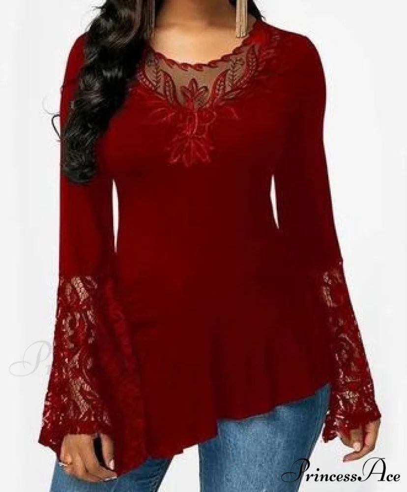 Casual Lace Plus Irregular for Women Long-sleeved Stitching with T-shirt Size Red / S
