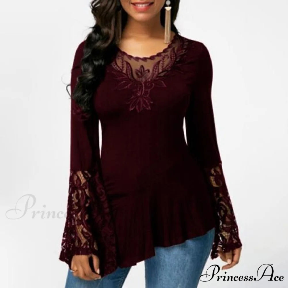 Casual Lace Plus Irregular for Women Long-sleeved Stitching with T-shirt Size Wine Red / S