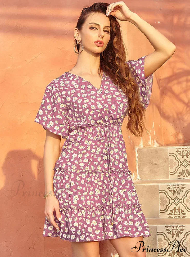 Casual Lace-Up with Gown V-Neck Flowered Design S / black