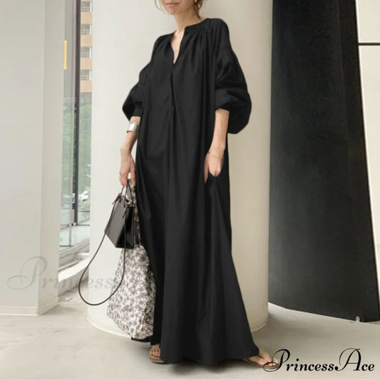 Casual Lantern Sleeve Maxi Sundress black / S