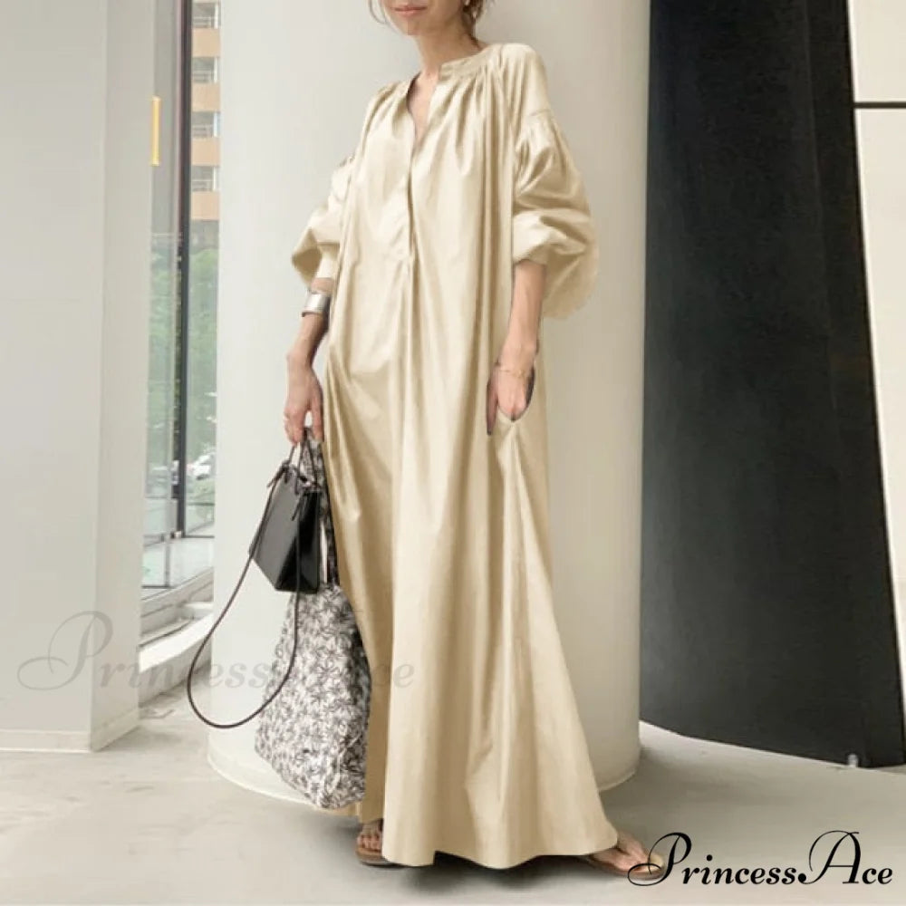 Casual Lantern Sleeve Maxi Sundress Khaki / S