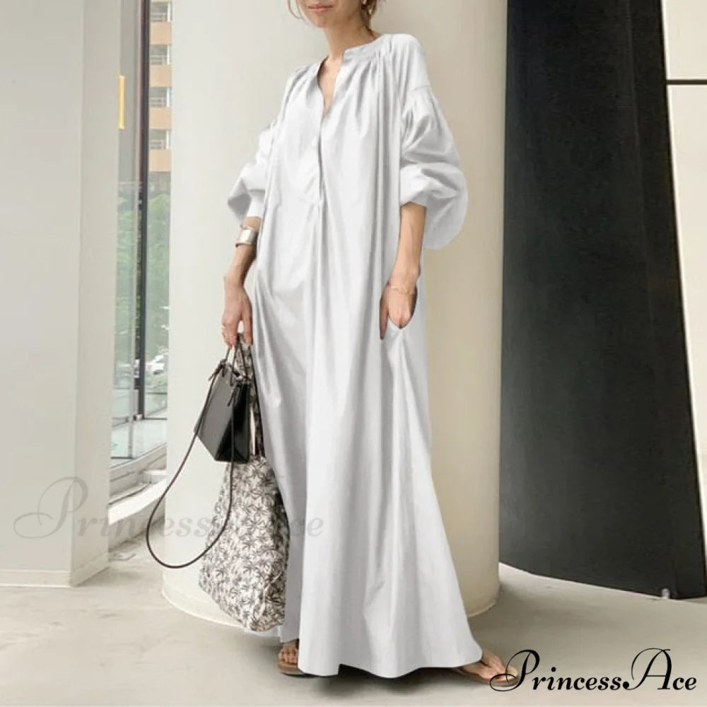 Casual Lantern Sleeve Maxi Sundress white / S
