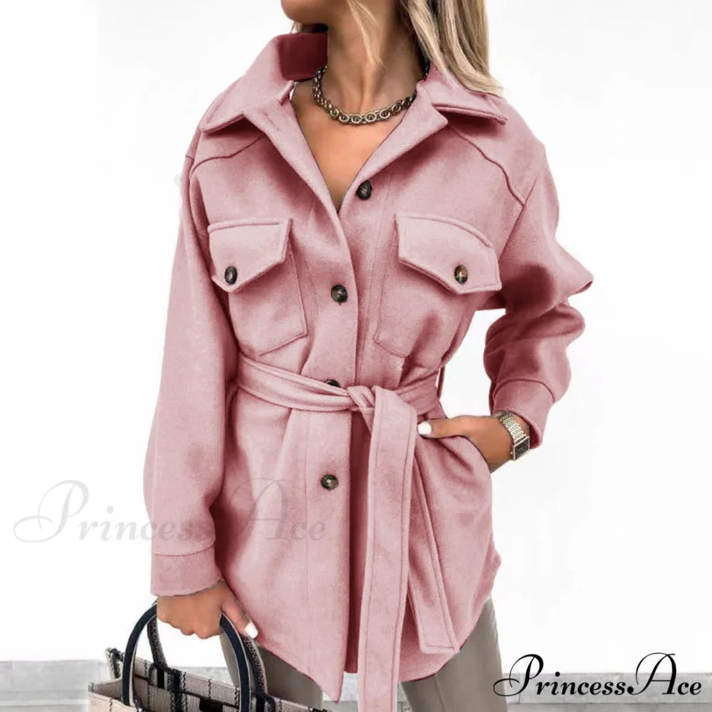 Casual Lapel With Belt Mid Long Coat Pink / S