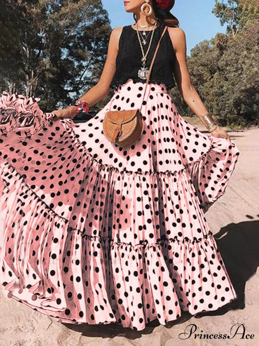 Casual Long Polka Charming Dot Printed Halter Skirt Pink / S