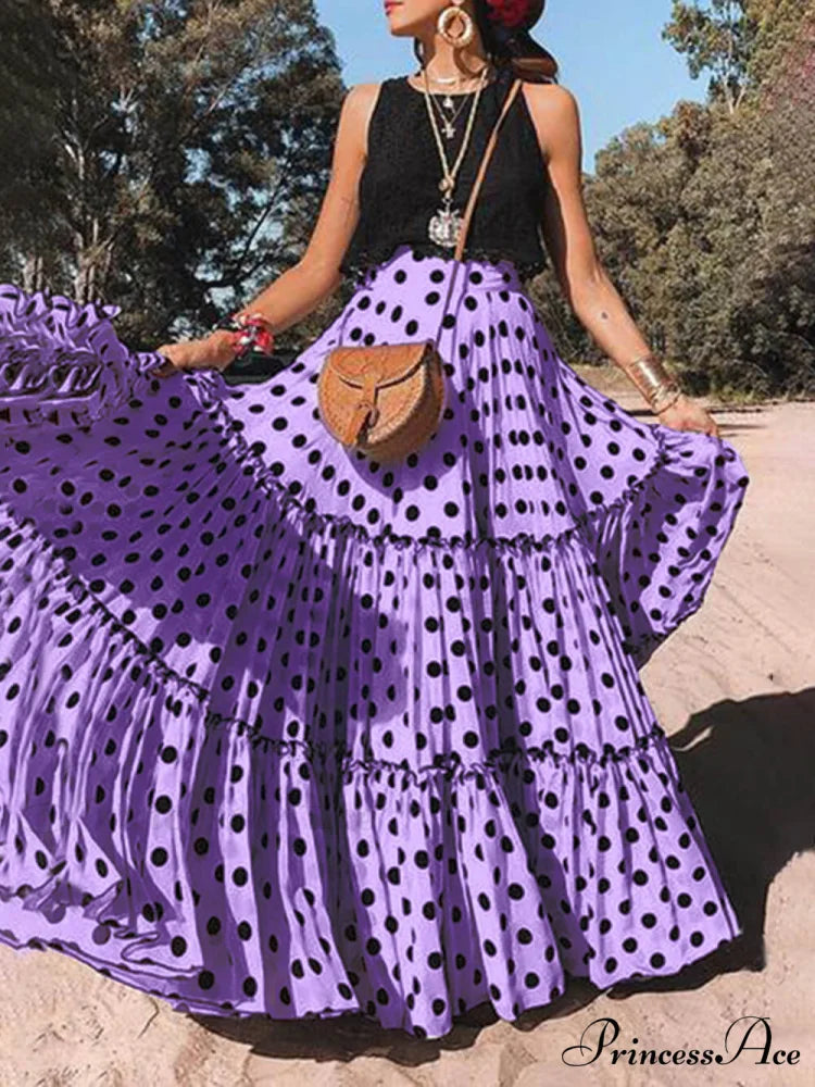 Casual Long Polka Charming Dot Printed Halter Skirt Purple / S