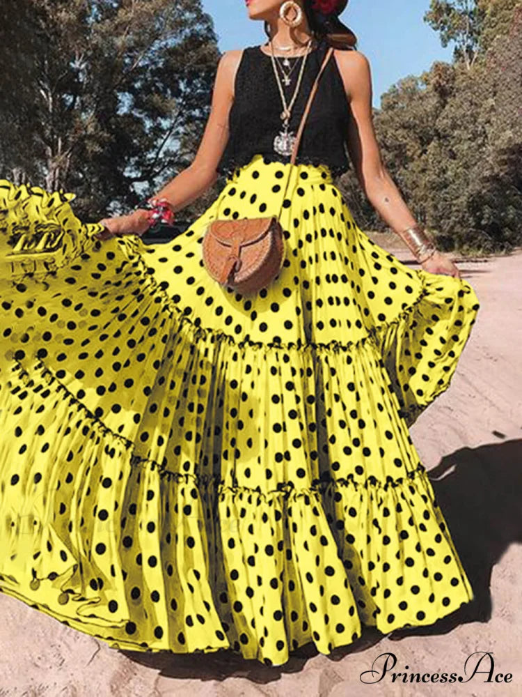 Casual Long Polka Charming Dot Printed Halter Skirt Yellow / S