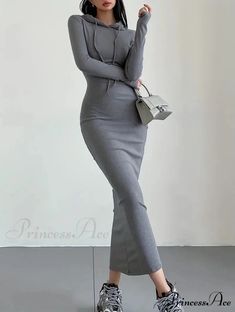 Casual Long Sleeve Drawstring Hooded Bodycon Dress - Black L / Black