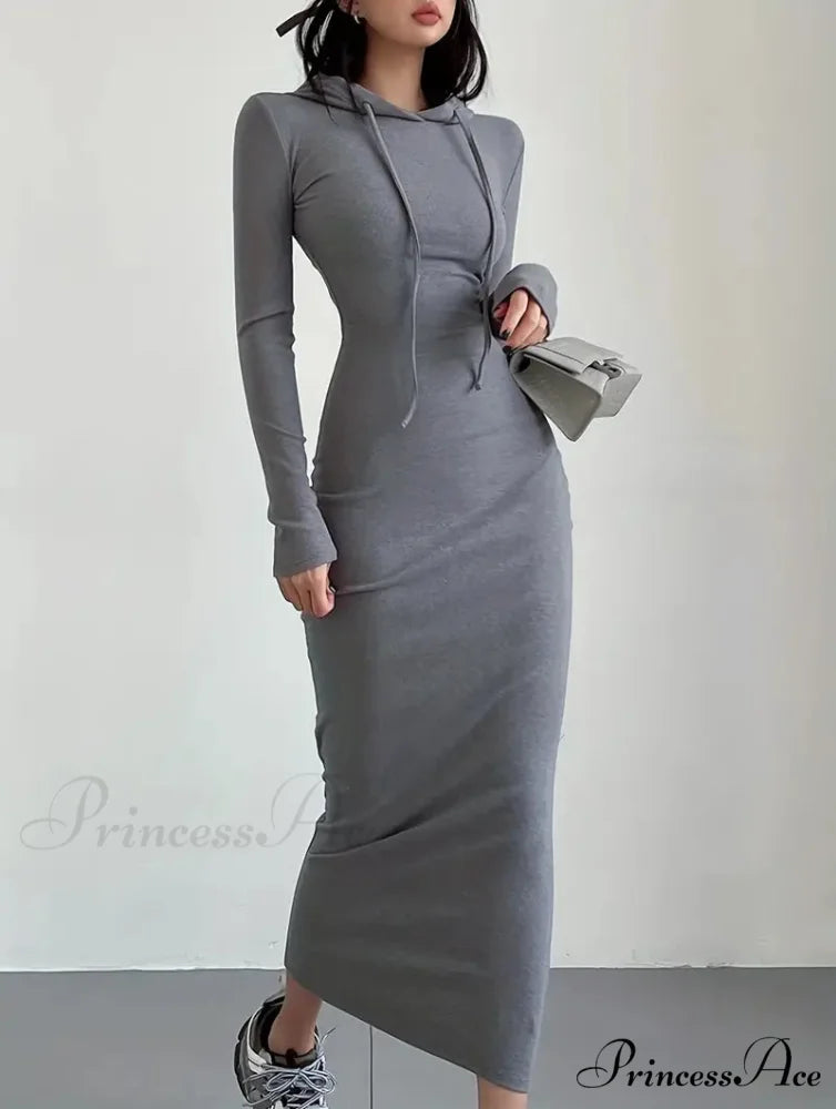 Casual Long Sleeve Drawstring Hooded Bodycon Dress - Black M / Coffee
