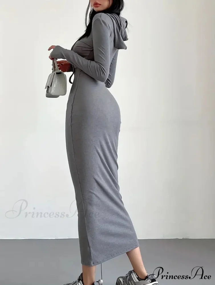 Casual Long Sleeve Drawstring Hooded Bodycon Dress - Black M / Gray