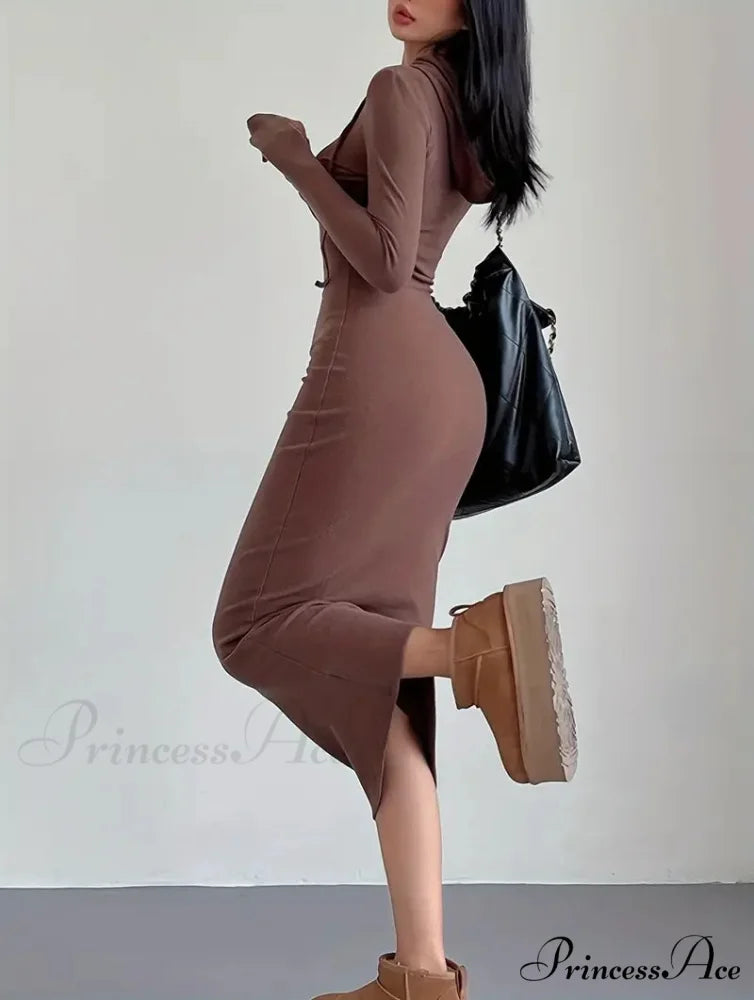 Casual Long Sleeve Drawstring Hooded Bodycon Dress - Black S / Coffee