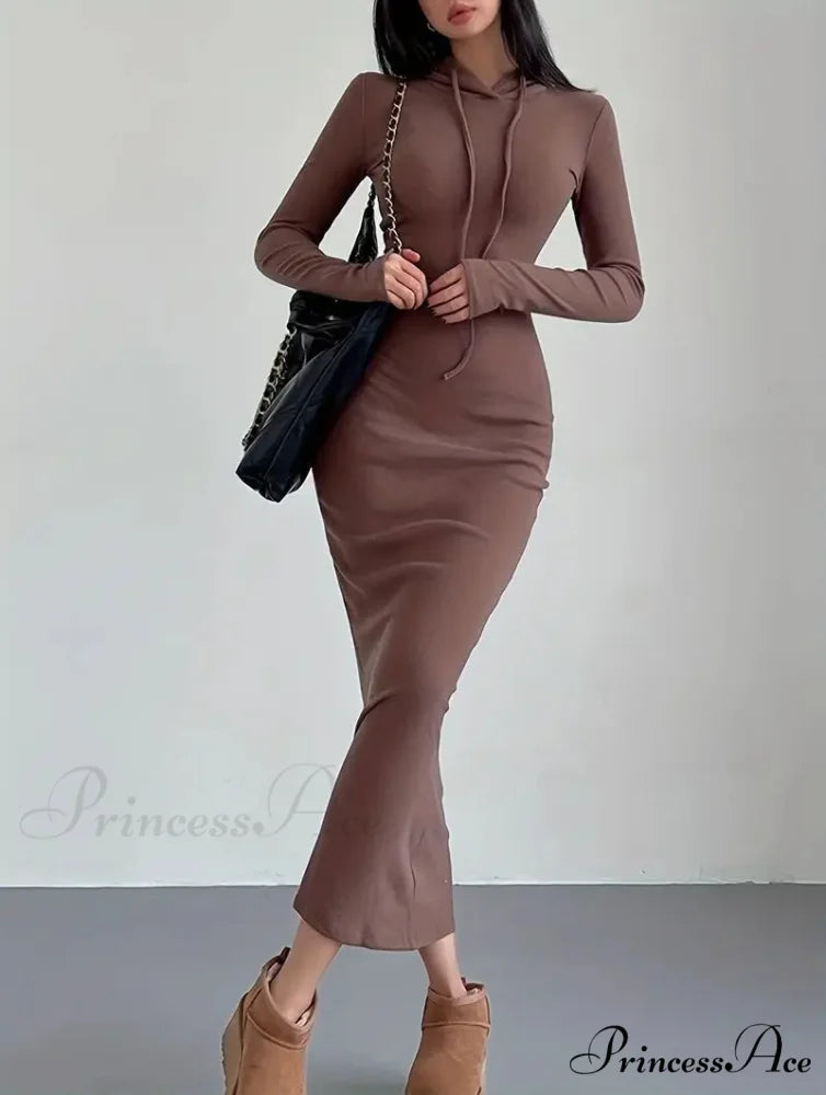 Casual Long Sleeve Drawstring Hooded Bodycon Dress - Black S / Gray