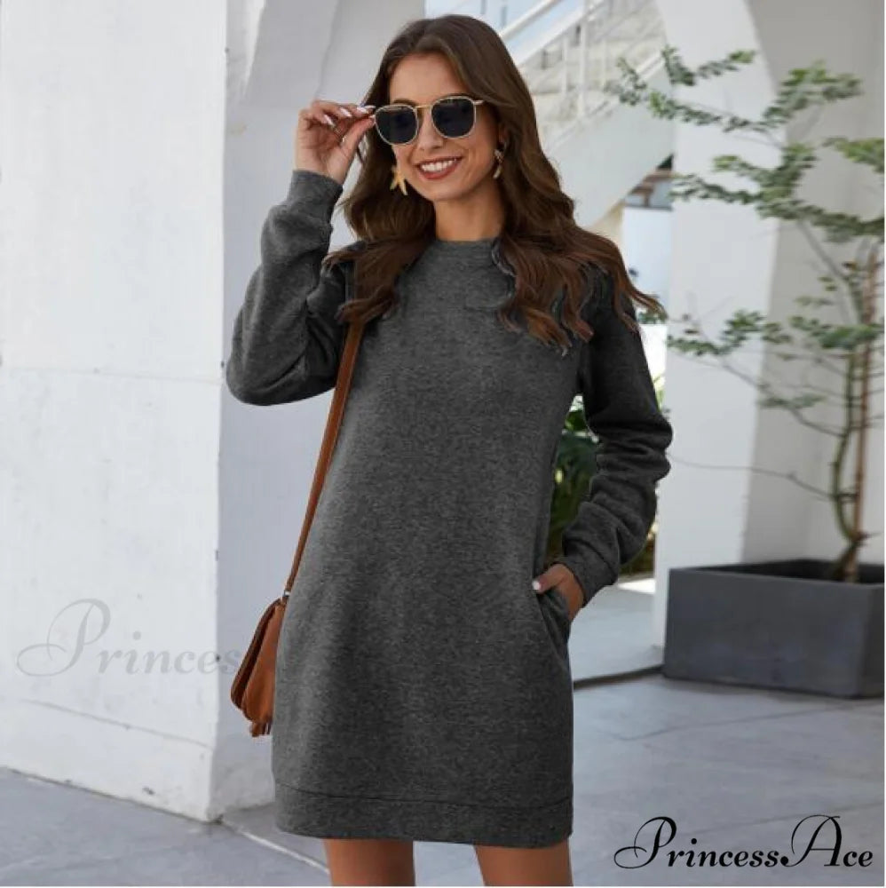 Casual Long Sleeve O Neck Pullover Dress DeepGray / S