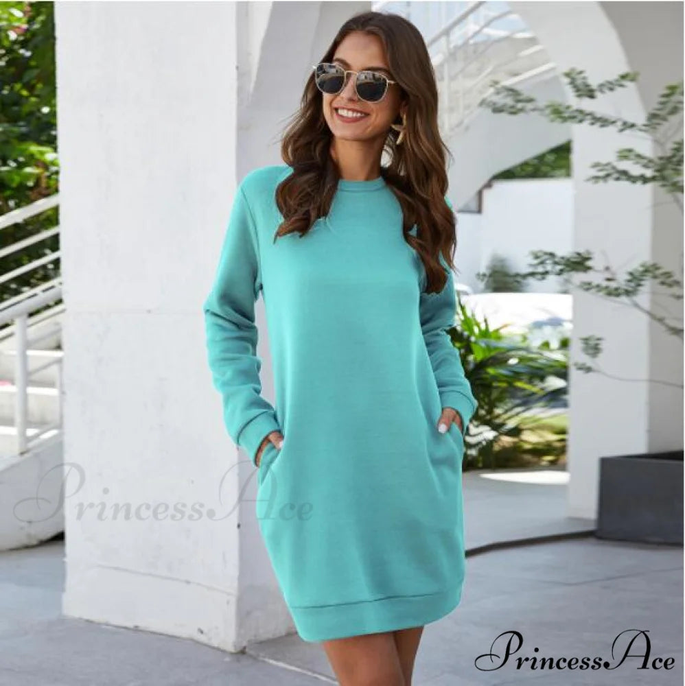 Casual Long Sleeve O Neck Pullover Dress WaterBlue / S
