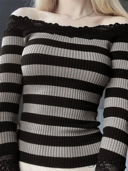 Casual Long Sleeve Retro Striped Off-Shoulder T-Shirts