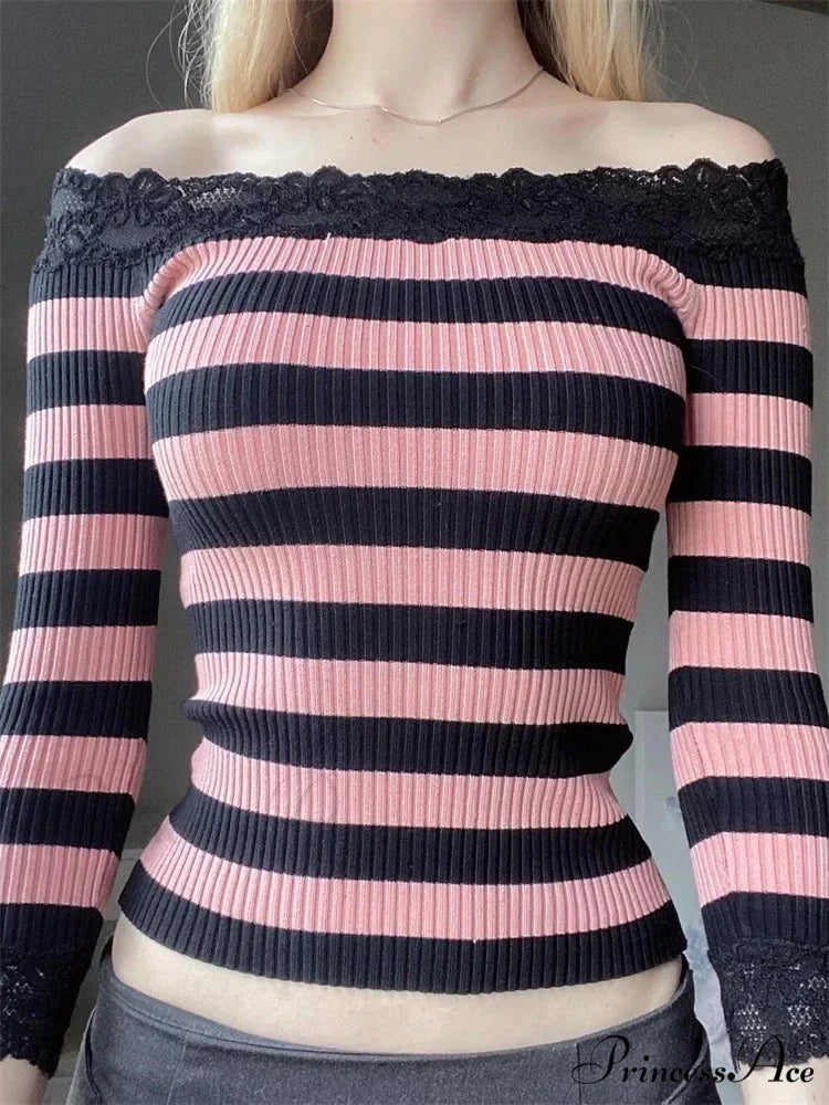 Casual Long Sleeve Retro Striped Off-Shoulder T-Shirts PINK / S