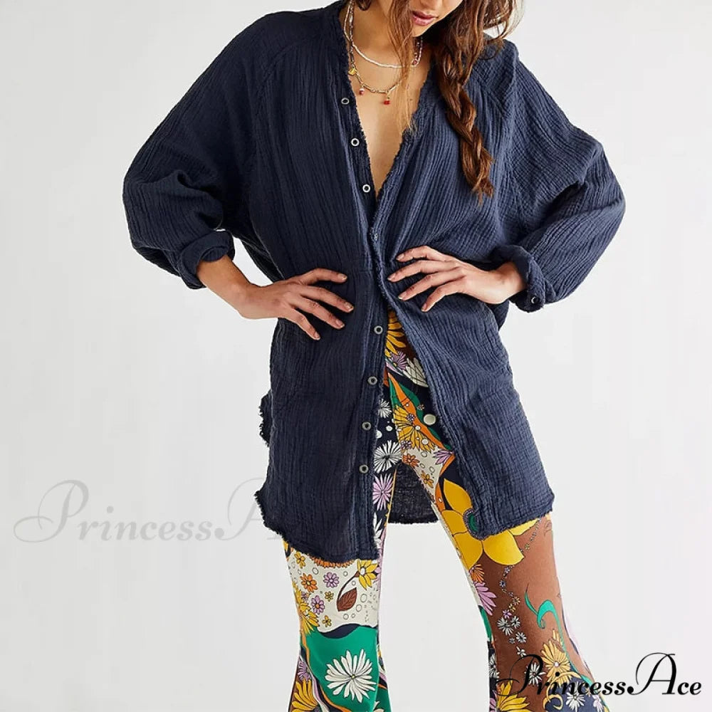 Casual Loose 100% Cotton Gauze Shirts dark blue / One size