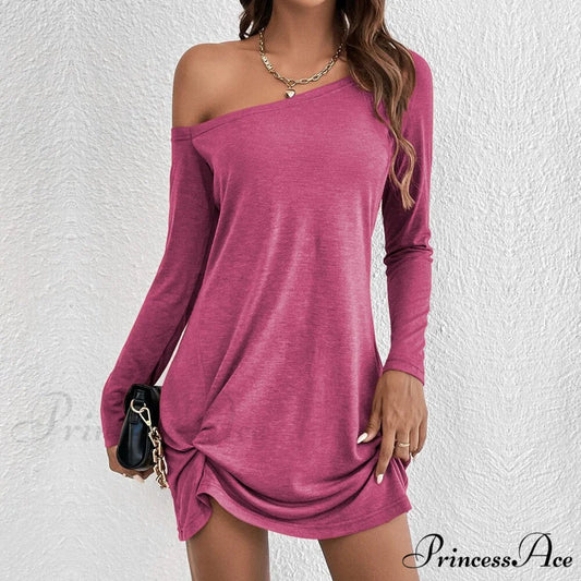 Casual Loose European Women’s Warm-Season 2024 American Arm Solid Long T-shirt Dress Fuchsia / S