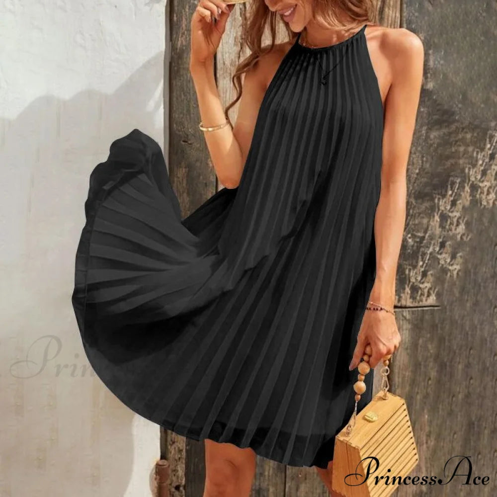 Casual Loose O Neck Mini Dress Black / 5XL