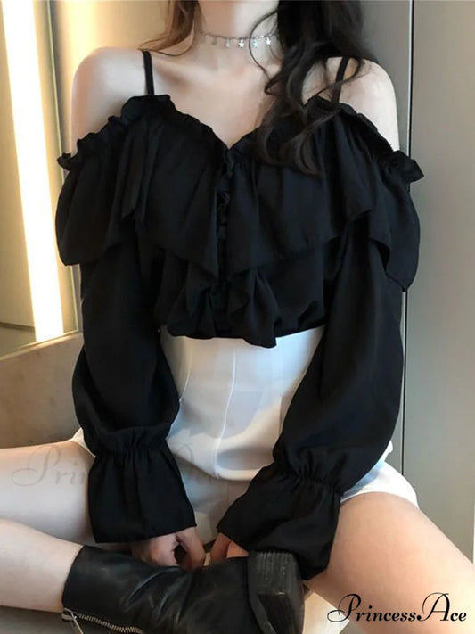 Casual Loose Spaghetti Strap Flare Sleeve Ruffles Tops Black / S