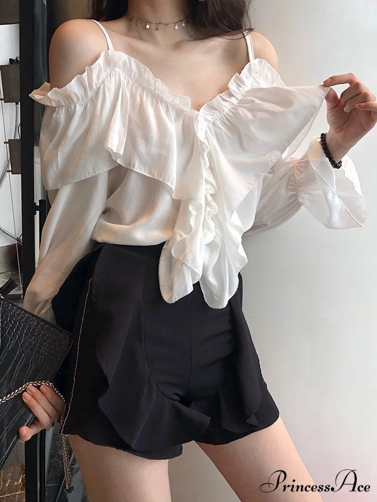 Casual Loose Spaghetti Strap Flare Sleeve Ruffles Tops White / S