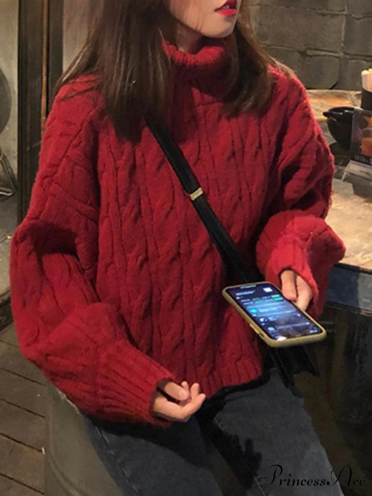 Casual Loose Vintage Solid Color Pullover Christmas Sweater Burgundy / S