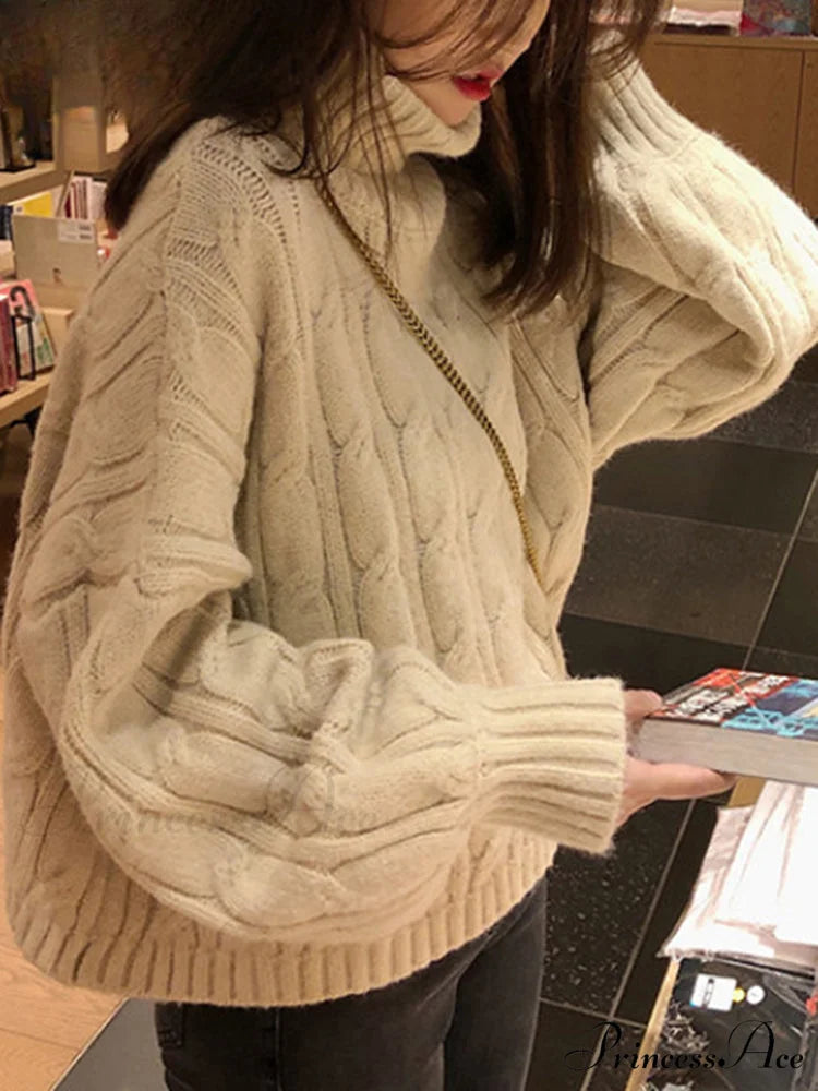 Casual Loose Vintage Solid Color Pullover Christmas Sweater creamy-white / S