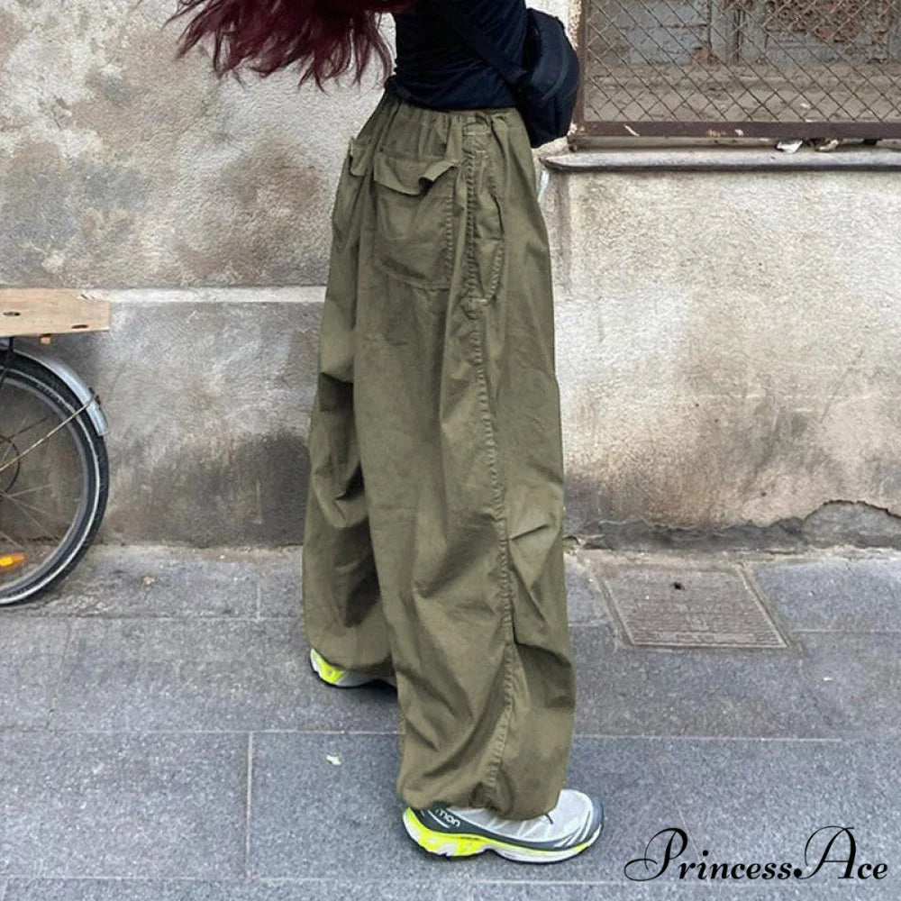 Casual Low Waist Ruched Trim Classic Baggy Cargo Pants - Brown L / Green
