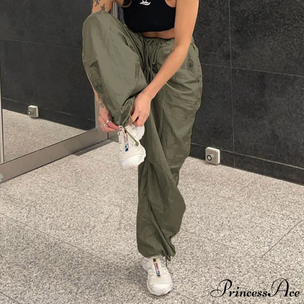 Casual Low Waist Ruched Trim Classic Baggy Cargo Pants - Brown M / Green