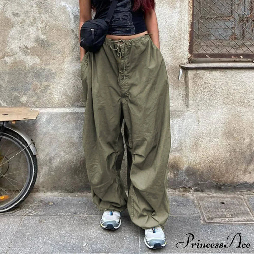 Casual Low Waist Ruched Trim Classic Baggy Cargo Pants - Brown S / Green