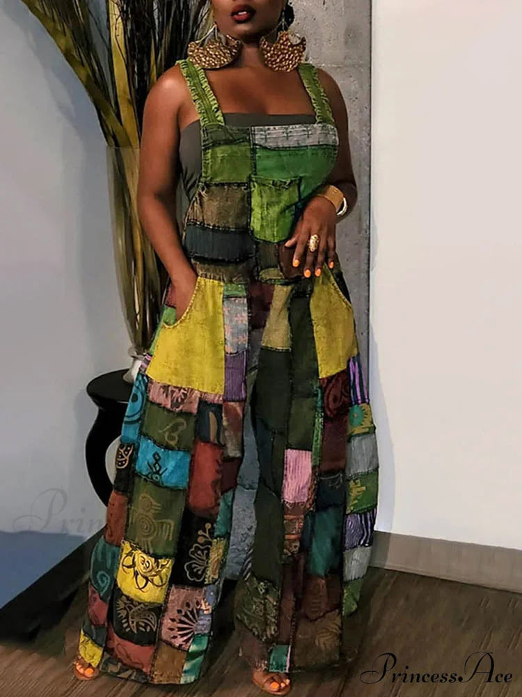 Casual Map Print Trendy Spaghetti Strap Maxi Dress Green / S