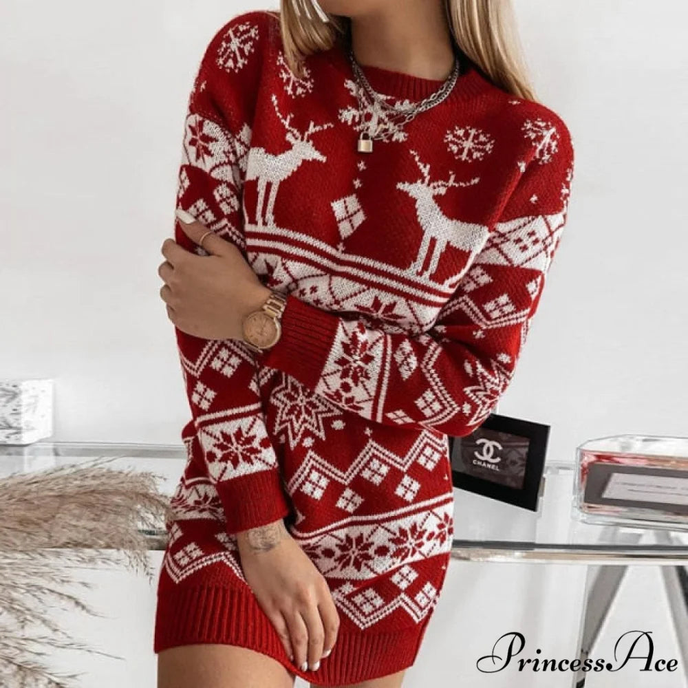 Casual O-Neck Long Sleeve Christmas Sweater Dress 01 Red 2 / S