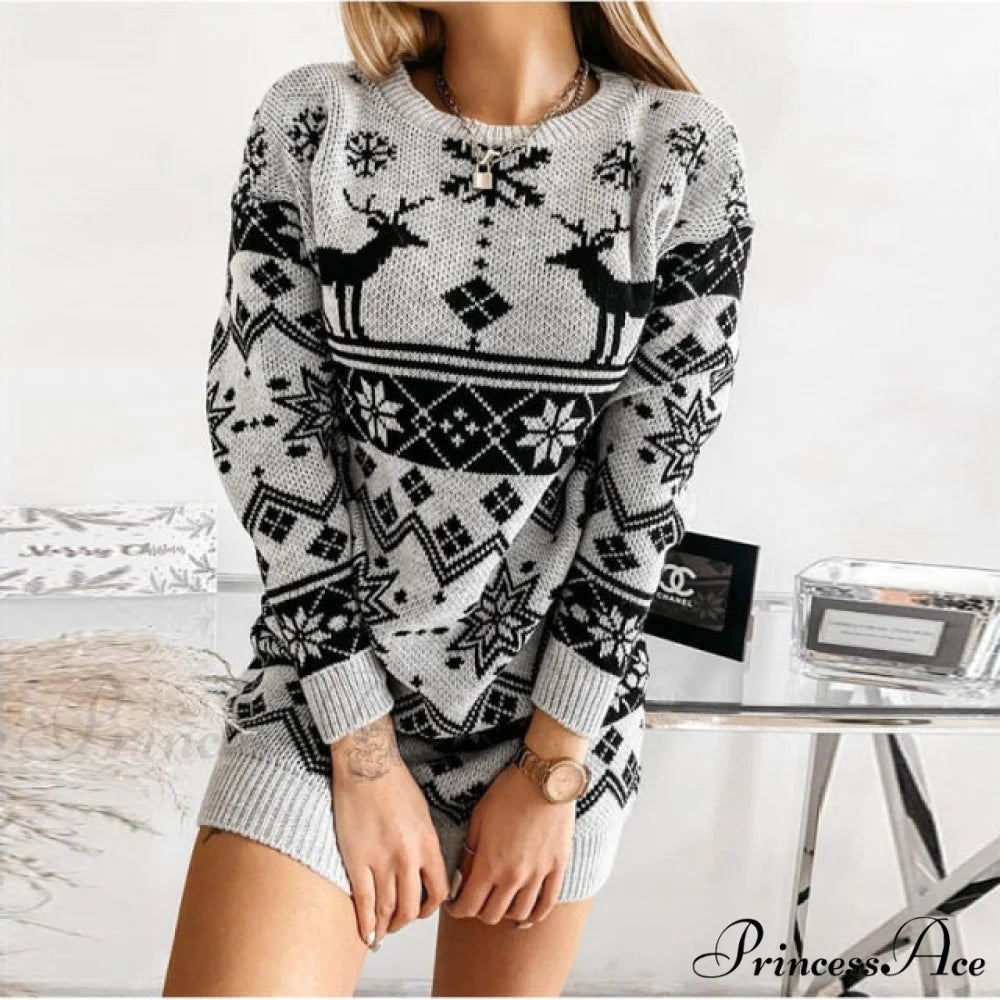 Casual O-Neck Long Sleeve Christmas Sweater Dress 02 Gray / S