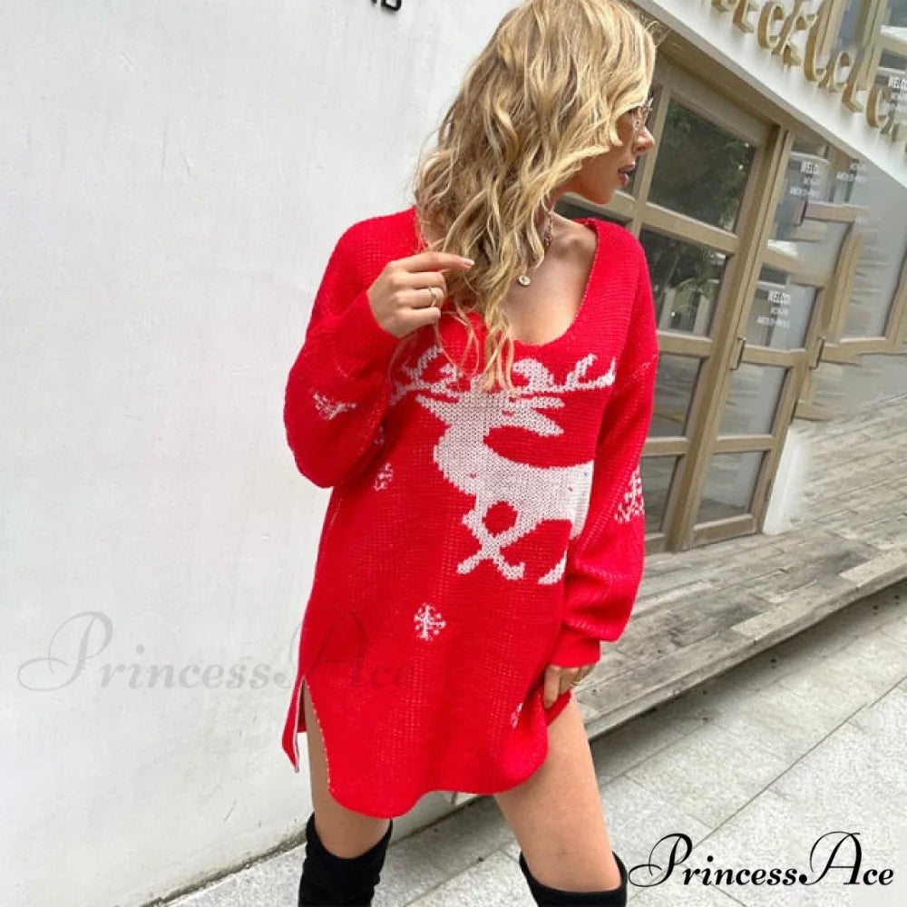 Casual O-Neck Long Sleeve Christmas Sweater Dress 02 Red / S