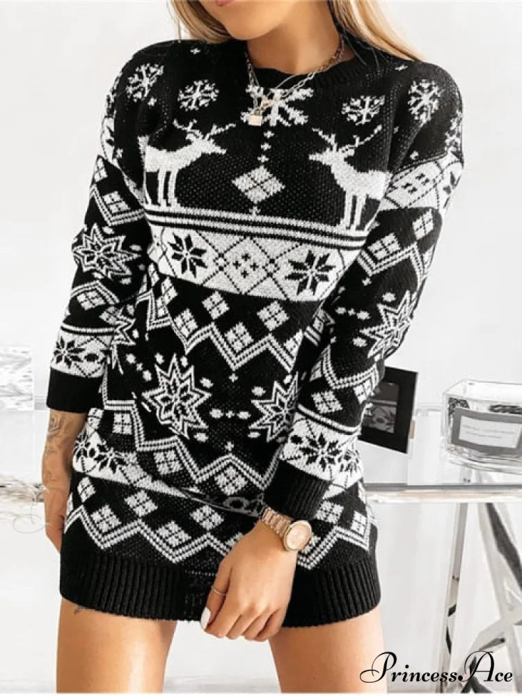 Casual O-Neck Long Sleeve Christmas Sweater Dress 03 Black / S